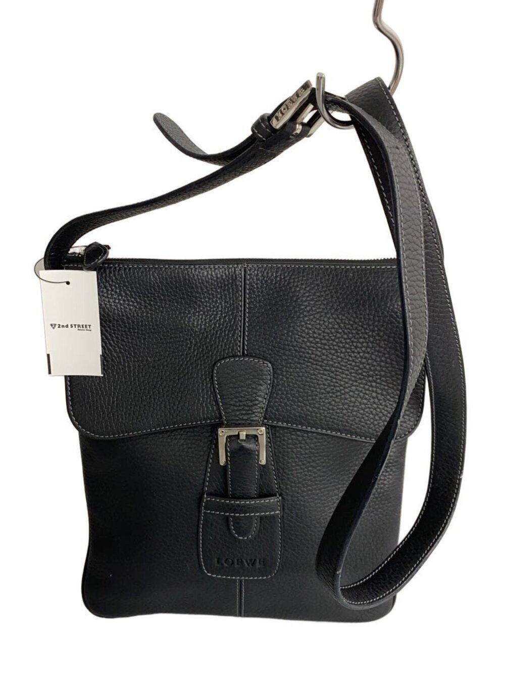 Loewe black pebbled leather shoulder bag flap topstitching embossed